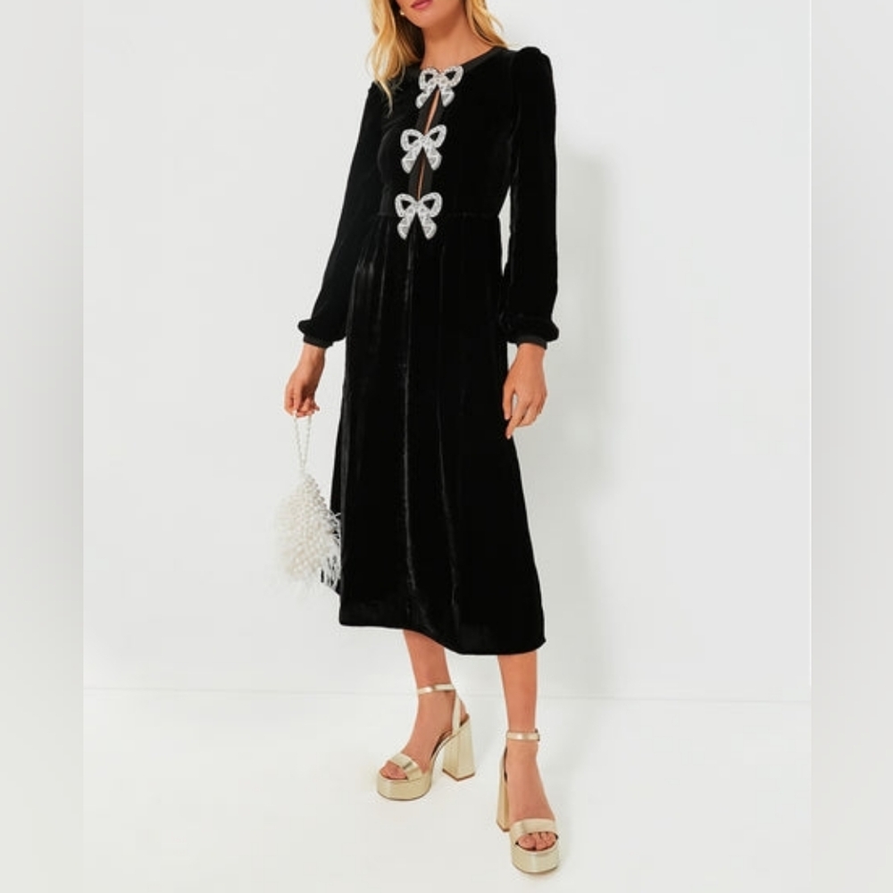 SALONI Camille bow-embellished velvet midi dress. Sz. 12.